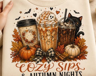 Cozy Sips Autumn PNG, Pumpkin Coffee Black Cat , Sublimation Shirt, Vintage Style,hallowen png
