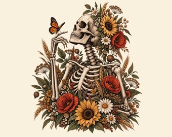 Floral Skeleton PNG, Sunflower Butterfly Botanical, Gothic Nature Fans, Sublimation Shirt, Vintage Halloween Style
