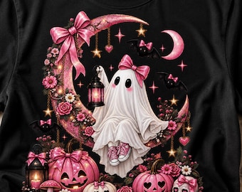 Pink Ghost Moon PNG, Halloween png  Pumpkin Bow Design, Sublimation Shirt, Girly Gothic Style