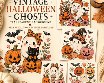 Vintage Halloween Ghost PNG Bundle, Pumpkin Black Cat Clipart, Sublimation Shirt Design, Digital Download