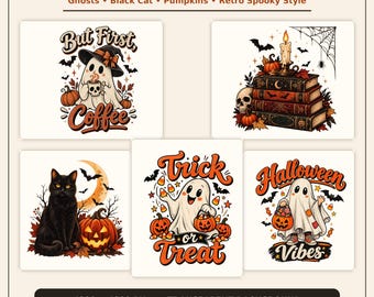 Vintage Halloween PNG Bundle, 5 Ghost Pumpkin Black Cat Designs for Sublimation, Digital Download