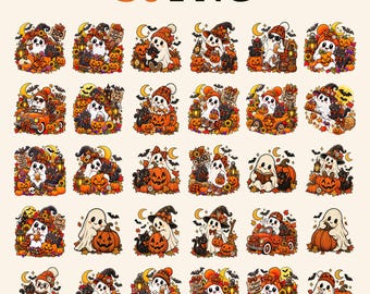 Halloween Ghost Cat PNG Bundle, 30 Pumpkin Witch Clipart, Sublimation Shirt Designs