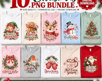 Watercolor Christmas PNG Bundle, 10 Holiday Clipart Designs, Santa Snowman Reindeer Sublimation, Instant Download
