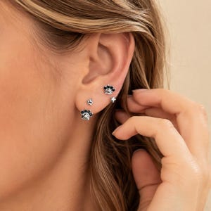 以下が含まれることがあります： 耳たぶと軟骨に装着された4つのシルバー調スタッドピアス。小さな黒い石をあしらった肉球型のスタッドピアス2つと、小さな星型のスタッドピアス2つがセットになっています。ジュエリーは光沢のある金属仕上げで、しっかりと固定されています。