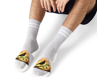 Sandales à bride amovible pour hommes et femmes, motif oiseau coucher de soleil | Sandales d'été pour amoureux de la nature | Sandales à enfiler silhouette d'oiseau noir