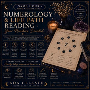 May include: A dark blue informational graphic titled Numerology & Life Path Reading featuring gold text, a lit candle, a dried flower bouquet, an amethyst cluster, a pen, and a tan paper document titled Your Numerology Blueprint with a number 7 diagram.