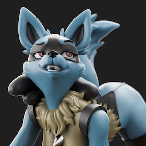 May include: A blue anthropomorphic canine figurine with red eyes, a black mask-like marking around the eyes, and a cream-colored chest ruff. The figure wears a black top, black arm bands, and is positioned over a smooth, rounded red base.