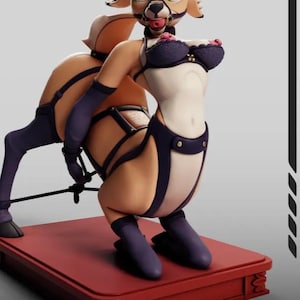 May include: A 3D digital figurine of an anthropomorphic deer creature with tan fur, wearing a dark purple lace bra, matching harness straps, and dark purple leg coverings. The figure has a ball gag in its mouth and is posed on a red rectangular base.