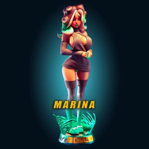 May include: A stylized figurine of a character named Marina with dark skin, long teal and white hair, wearing a dark gray sleeveless sweater dress and thigh-high socks. The figure stands on a teal splash-shaped base with the name MARINA in yellow text.