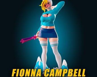 May include: A collectible figurine of Fionna Campbell wearing a white rabbit-ear hat, a blue long-sleeve crop top, a dark blue skirt, and white thigh-high socks with blue stripes. The character holds a translucent pink sword and stands on a base.