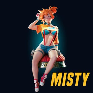 Könnte beinhalten: Eine Sammlerfigur mit orangefarbenen Haaren, bekleidet mit einem gelben bauchfreien Oberteil, einem türkisfarbenen Bikini-Oberteil, blauen Jeansshorts mit roten Hosenträgern und roten Turnschuhen. Die Figur sitzt auf einem runden Sockel.