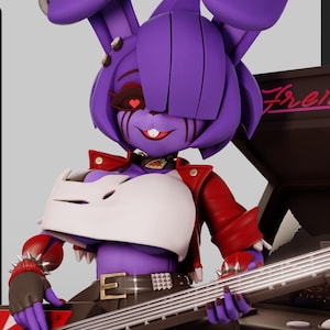 May include: A purple rabbit-like character figure with long ears, wearing a white top, red jacket, and black shorts with purple fishnet stockings. The character has heart-shaped pupils, a carrot choker, and holds a red and black electric guitar.