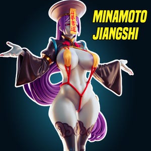 May include: A figurine of a character with long purple hair, wearing a black and gold outfit with red accents and a yellow paper talisman on the forehead. The text MINAMOTO JIANGSHI is displayed in yellow on the right side of the figure.