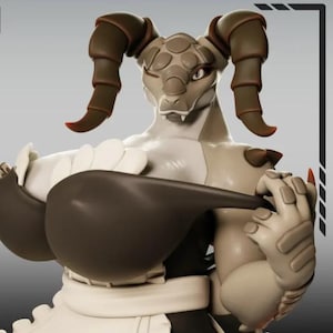 May include: A 3D digital figurine of a reptilian creature with large curved brown horns, light tan scales, and a muscular build. The figure wears a dark brown garment and a white apron, with hands positioned to hold the fabric of the dark brown top.