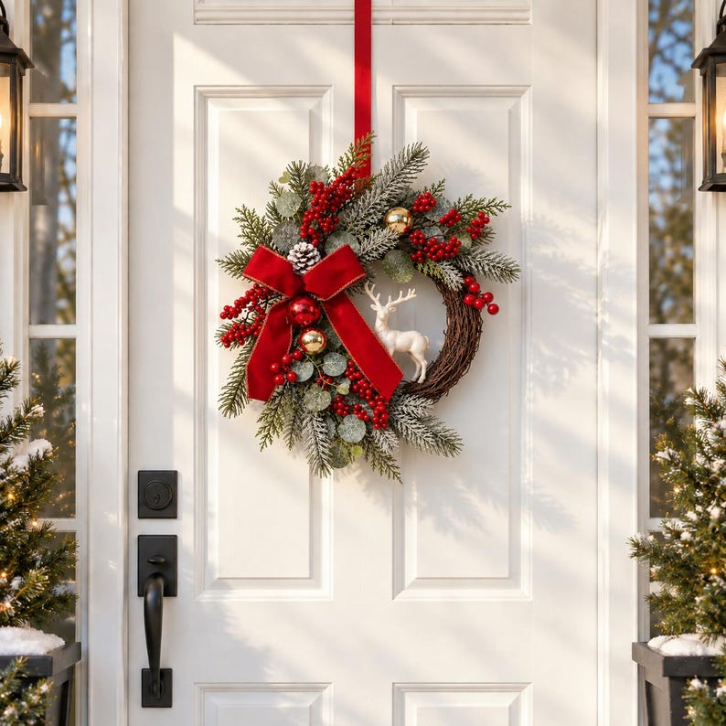 Rustic Red Ribbon Rustic Grapevine Christmas Wreath, Red Velvet Bow, Berry Decor, Deer ...