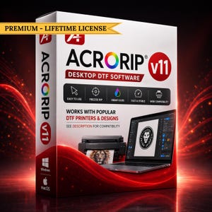 Op de afbeelding: Een witte softwaredoos voor AcroRip v11 Desktop DTF Software met een gouden banner met het label PREMIUM - LIFETIME LICENSE. De doos toont een laptop met een leeuw-afbeelding, een printer en iconen voor gebruiksgemak, nauwkeurige rip, levendige kleuren en compatibiliteit.