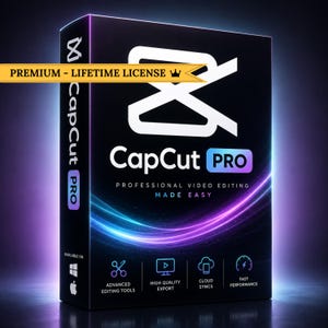 May include: A black rectangular software box for CapCut Pro featuring a white logo, the text PREMIUM - LIFETIME LICENSE, and the subtitle PROFESSIONAL VIDEO EDITING MADE EASY. The design includes blue and purple light streaks and icons for tools.