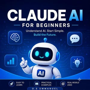 Peut inclure: Un graphique numérique montrant un robot blanc aux yeux bleu brillant avec un logo AI bleu sur la poitrine. Le texte indique CLAUDE AI FOR BEGINNERS, Understand AI. Start Simple. Build the Future. Les icônes incluent un cerveau, une bulle, un graphique et une ampoule.