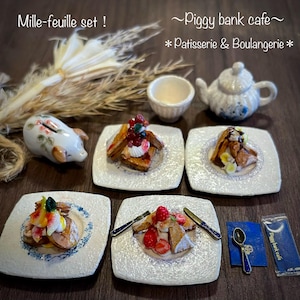 No.19  Miniature Mille-Feuille and Tea Set by Piggy Bank Cafe: Rustic Blue Pattern Plates, Tea Pot & Cups.