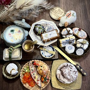 No.2  Miniature Gourmet Cheese and Stew Dinner Set by Piggy Bank Cafe: Gold-Trimmed Sometsuke Plate, Bread Basket, Cutlery.