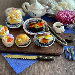 No.18  Retro-Modern Miniature Sandwich Set by Piggy Bank Cafe: Realistic Sandwiches on Antique Japanese Plates!