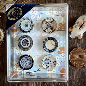 No.27  Miniature Blue White Plates Set of 6, Antique Dollhouse Tableware 0.6", Kintsugi Ceramic Miniature Decor with Acrylic Gift Box