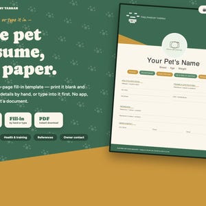 Pet Resume Template, Rental Application Profile, Printable Landlord Reference Sheet, PDF