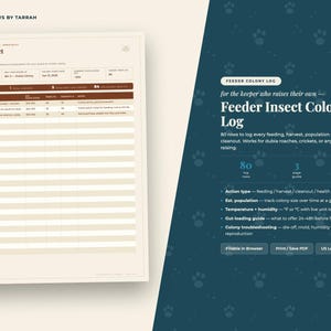 Peut inclure: Un modèle numérique de journal de colonie d'insectes nourriciers avec une feuille de suivi crème, des en-têtes et des lignes marron pour noter les dates, actions et notes. Le panneau latéral bleu foncé détaille 80 lignes de journal, un guide de nutrition et des conseils de dépannage pour le suivi des populations.