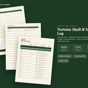 Puede incluir: Una plantilla digital de registro de caparazón y baño para tortugas con tres páginas, encabezados verde oscuro y filas color crema. El texto incluye "Tortoise Shell & Soak Log", "Auto", "Live", "3 pages", "Fillable in Browser" y "Print/Save PDF".
