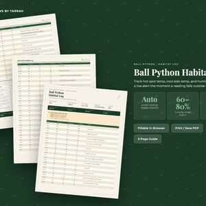 Peut inclure: Un modèle numérique de journal d'habitat pour python royal comprenant trois pages superposées avec des tableaux de données pour suivre la température et l'humidité. Le document inclut des champs pour les relevés quotidiens, des alertes, une cible d'humidité de 60-80% et un sélecteur Fahrenheit ou Celsius.