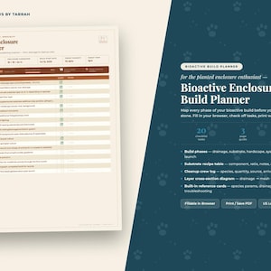 May include: A digital Bioactive Enclosure Build Planner document featuring a checklist for terrarium setup, including sections for species, humidity, and temperature. The layout includes a dark blue informational panel with white text detailing build phases, a substrate recipe table, a cleanup crew log, and a layer cross-section diagram.