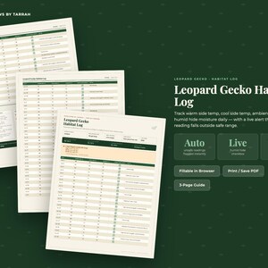 Op de afbeelding: Een digitale Leopard Gecko Habitat Log documentenset met drie pagina's aan tracking-tabellen met kolommen voor temperatuur en vochtigheid. De tekst bevat 'Leopard Gecko Habitat Log', 'Auto', 'Live' en 'F / C' met opties om in de browser in te vullen of als PDF.