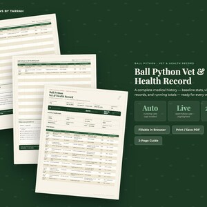 Könnte beinhalten: Eine digitale Vorlage für ein Tierarzt- und Gesundheitsregister für Königspythons, bestehend aus drei gestapelten Seiten mit Tabellen für Krankengeschichte, Basisdaten und Besuchsaufzeichnungen. Das Dokument enthält Textfelder zur Kostenverfolgung.