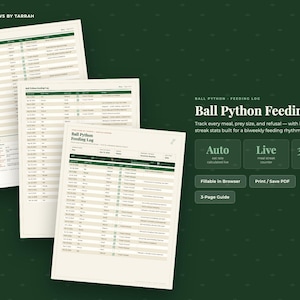 Peut inclure: Un modèle numérique de journal d'alimentation pour python royal comprenant trois pages de tableaux pour suivre les repas, la taille des proies et les refus. Le document inclut des en-têtes, un compteur de séries et un taux de réussite automatique.