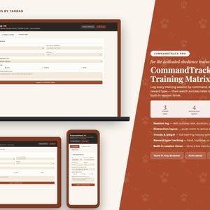 Puede incluir: Una interfaz digital CommandTrack Pro Training Matrix mostrada en una computadora portátil, tableta y teléfono inteligente. El software incluye campos de entrada para sesiones, niveles de distracción y recompensas, con tonos marrón y crema.