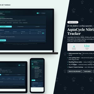 Könnte beinhalten: Eine digitale Benutzeroberfläche für den AquaCycle Nitrification Tracker, dargestellt auf einem Laptop, Tablet und Smartphone. Das dunkel gestaltete Dashboard enthält Eingabefelder für Ammoniak, Nitrit, Nitrat, pH-Wert und Temperatur.