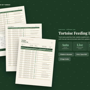 May include: A digital Tortoise Feeding Log template featuring three pages of tracking sheets with columns for dates, meals, supplements, and refusals. The document includes text labels like Auto, Live, and 3 pages, with a cream background.