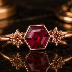 Ruby Ring, Ruby Engagement Ring, Hexagon Cut Ruby Ring, Floral Statement Ring, Unique Bridal Ring, July Birthstone Gift image 3