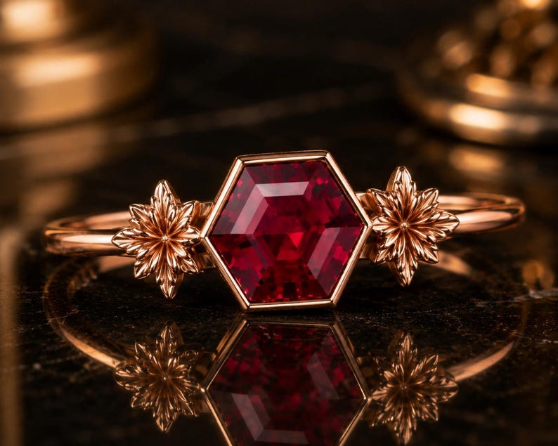 Ruby Ring, Ruby Engagement Ring, Hexagon Cut Ruby Ring, Floral Statement Ring, Unique Bridal Ring, July Birthstone Gift image 3