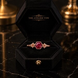Ruby Ring, Ruby Engagement Ring, Hexagon Cut Ruby Ring, Floral Statement Ring, Unique Bridal Ring, July Birthstone Gift image 5