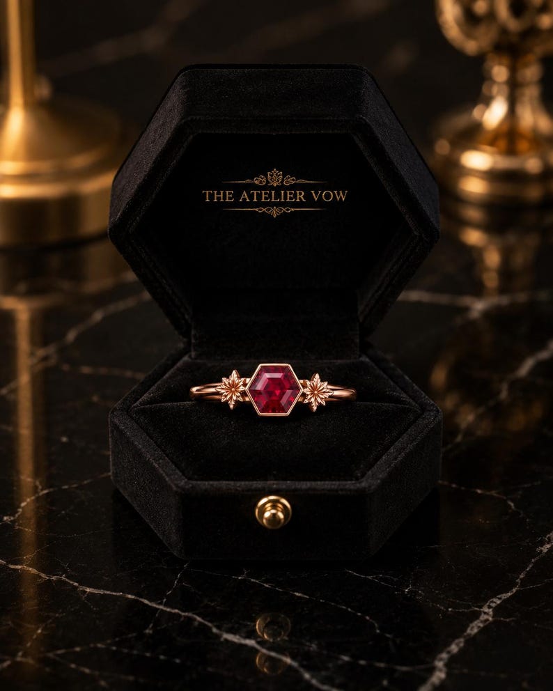 Ruby Ring, Ruby Engagement Ring, Hexagon Cut Ruby Ring, Floral Statement Ring, Unique Bridal Ring, July Birthstone Gift image 5