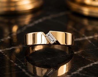 Moissanite Engagement Ring, Baguette Cut Moissanite Ring, Modern Wedding Ring, Unique Bridal Ring, Geometric Statement Ring