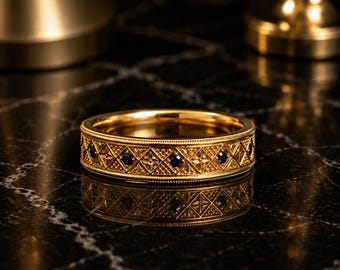 Blue Sapphire Wedding Band, Men's Vintage Ring, Engraved Wedding Ring, Geometric Sapphire Band, Anniversary Gift