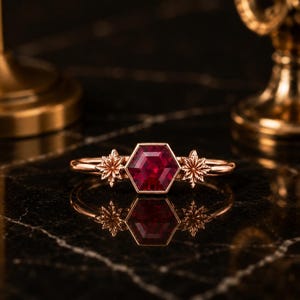 Ruby Ring, Ruby Engagement Ring, Hexagon Cut Ruby Ring, Floral Statement Ring, Unique Bridal Ring, July Birthstone Gift