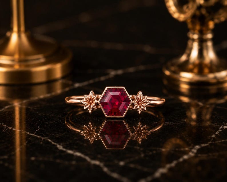 Ruby Ring, Ruby Engagement Ring, Hexagon Cut Ruby Ring, Floral Statement Ring, Unique Bridal Ring, July Birthstone Gift image 1