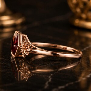 Ruby Ring, Ruby Engagement Ring, Hexagon Cut Ruby Ring, Floral Statement Ring, Unique Bridal Ring, July Birthstone Gift image 4