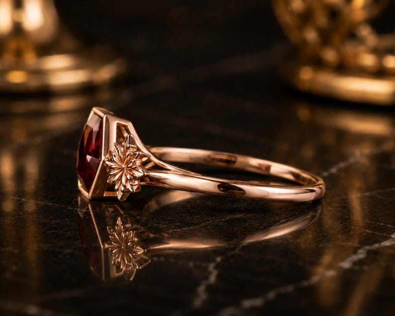 Ruby Ring, Ruby Engagement Ring, Hexagon Cut Ruby Ring, Floral Statement Ring, Unique Bridal Ring, July Birthstone Gift image 4