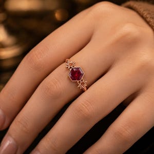 Ruby Ring, Ruby Engagement Ring, Hexagon Cut Ruby Ring, Floral Statement Ring, Unique Bridal Ring, July Birthstone Gift image 2