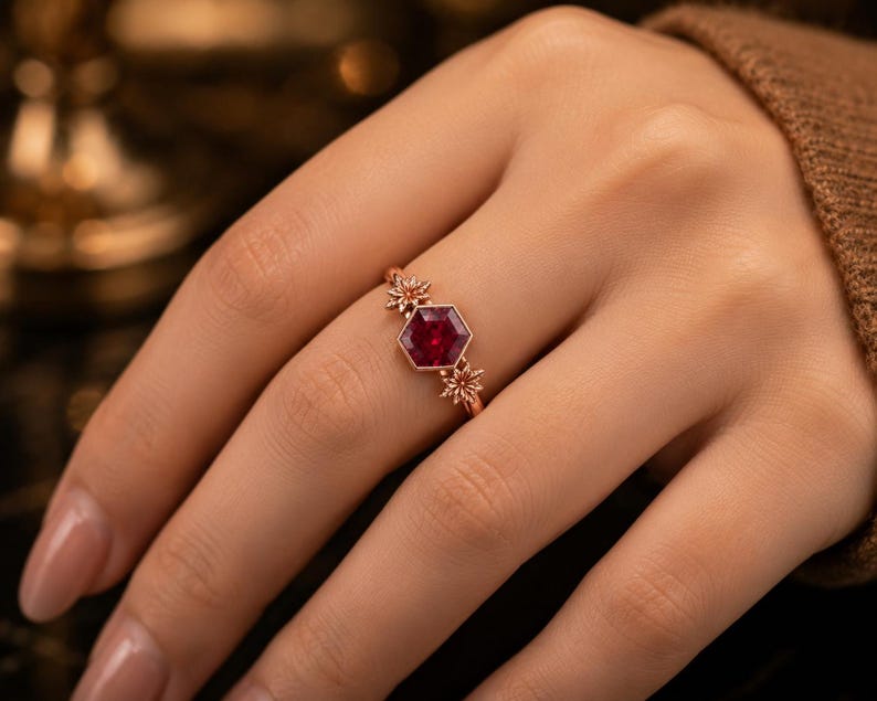 Ruby Ring, Ruby Engagement Ring, Hexagon Cut Ruby Ring, Floral Statement Ring, Unique Bridal Ring, July Birthstone Gift image 2
