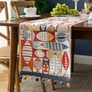 Handmade Fish Pattern Woven Table Runner Vintage Embroidered Table Cover Boho Tassel Decor Gift for Mom Housewarming Home Decor Gift